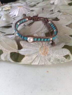 Turquoise Bead and Pearl Leather Wrap Bracelet